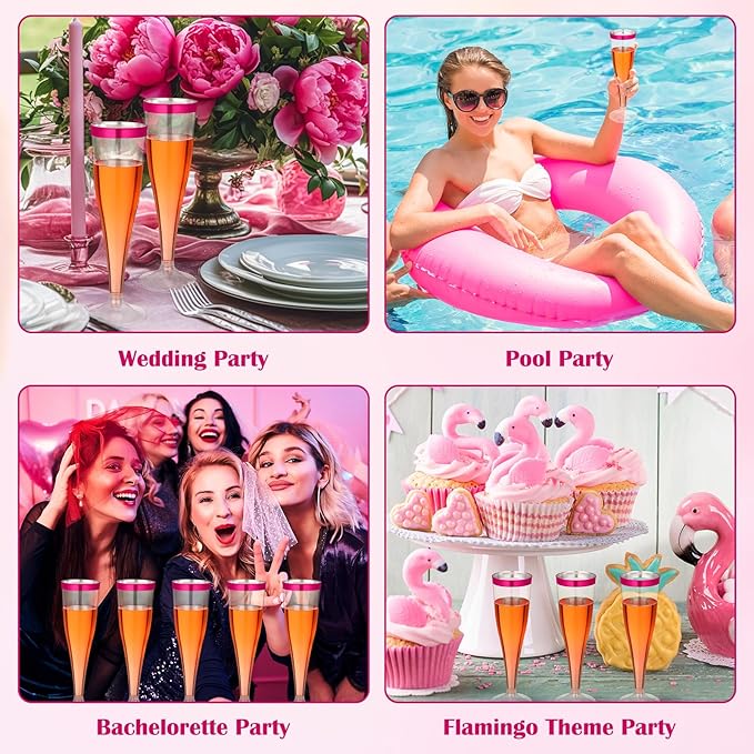 Jingmore 36 Pcs Plastic Champagne Flutes 4.5 oz Clear Disposable Wine Glasses Cocktail Cup Champagne Glass for Wedding Graduation Summer Party Favor Mimosa Bar Supplies (Hot Pink)