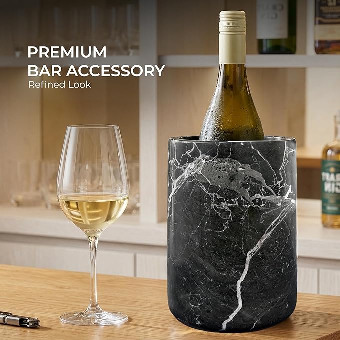 Marble Wine Cooler Black 6.5" Inches Handmade Beverage Cooler For Bar Accessories, Wine Chiller For Bottle and Champagne, Utensil Holder Or Bar Decor, Black