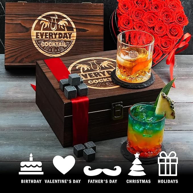 EVERYDAY COCKTAIL Old Fashioned Whiskey Glasses with Luxury Wooden Box - 10 Oz Rocks Barware for Scotch, Bourbon, Liquor, and Cocktail Drinks - Set of 2 Glasses -Chilling Stones -Slate Coasters