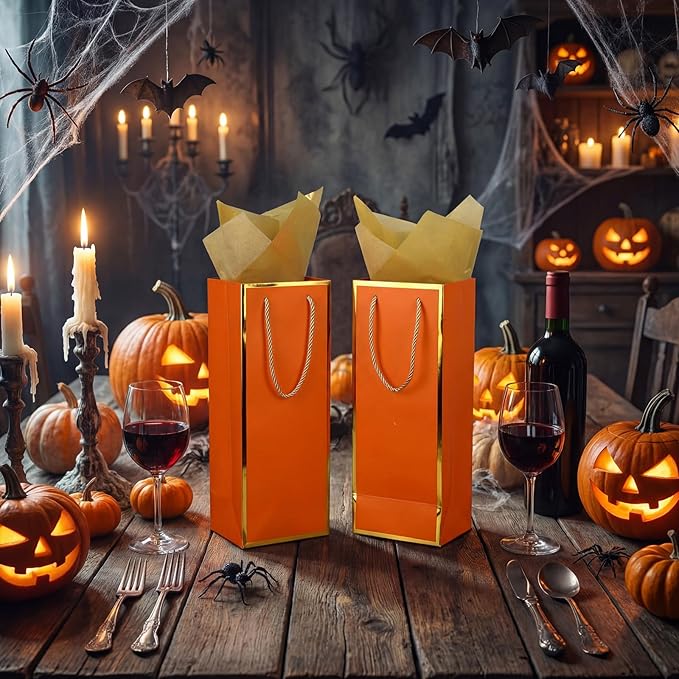TaoBary 50 Pack Wine Gift Bags and Gold Wrapping Paper Set Wine Bags for Bottle Bulk 4 x 5 x 13 Inch Champagne Gift Paper Sack with Handles for Christmas Appreciation Wedding Anniversary (Orange)