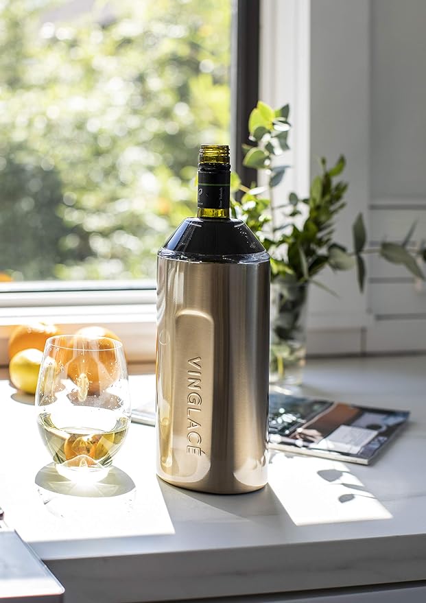 Vinglacé Wine Bottle Chiller Gift Set- Portable Stainless Steel Wine Cooler with 2 Stemless Wine Glasses, Copper