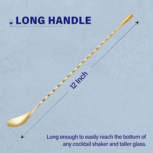 2 Pcs 12 Inches Bar Spoon, Long Handle Mixing Stirrers for Drink, Briout Stainless Steel Bar Cocktail Shaker Spoon, Gold