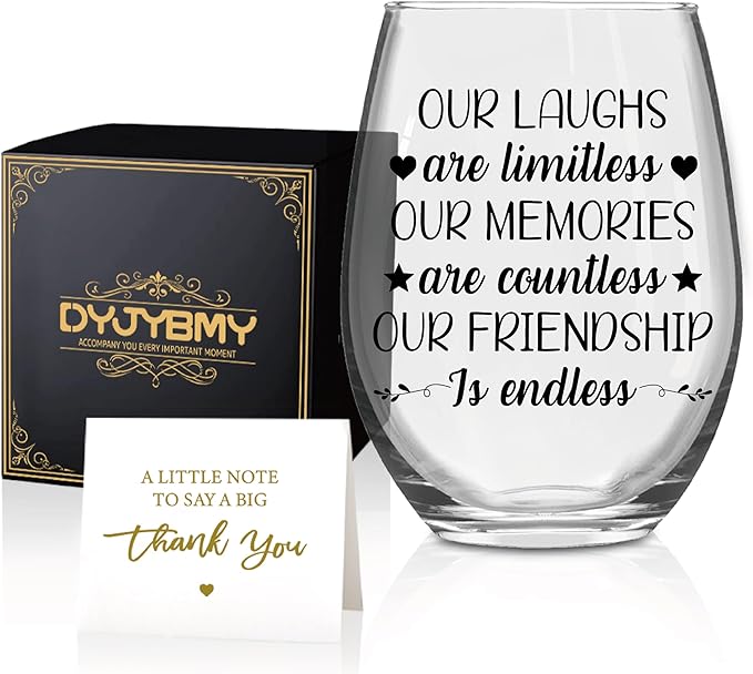 DYJYBMY Our Laughs Are Limitless Our Memories Are Countless Stemless Wine Glass With Gifts Box, Graduation Farewell Gifts For Classmate Friends Bestie, Stemless Glass For Wine Lover, Wedding Eve