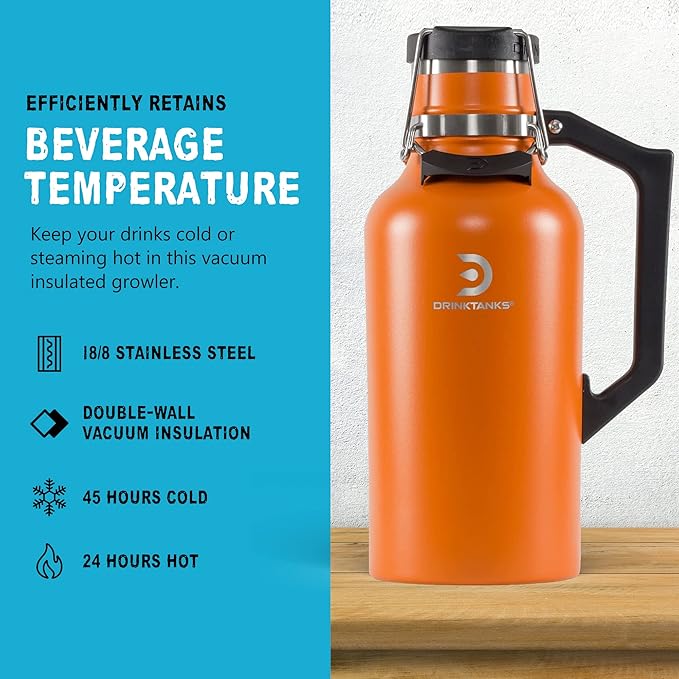 DrinkTanks Craft Growler – 64 oz Vacuum Insulated Stainless Steel Beer Growler with Handle, Leakproof Thermal Beverage Tumbler for Beer, Wine, Coffee, Soda, Kombucha – Reusable & BPA-Free – Moab