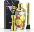 Cocktail Shaker Set - Gold Drink Shaker Bottle with Muddler Professional Martini Shaker Glass for Home Bartender 13.5 Oz Drink Mixer with Measuring Jigger and Built-In Strainer