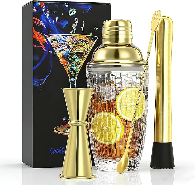 Cocktail Shaker Set - Gold Drink Shaker Bottle with Muddler Professional Martini Shaker Glass for Home Bartender 13.5 Oz Drink Mixer with Measuring Jigger and Built-In Strainer
