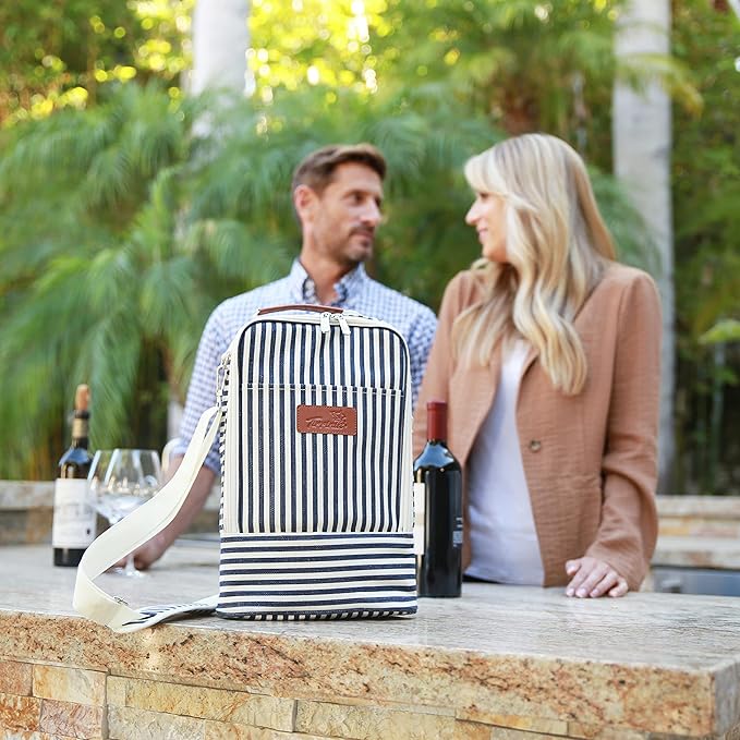 Tirrinia Insulated 2 Bottle Wine Gift Tote Bag - Wine Tumbler Glass Cooler Carrier for BYOB Restaurants, Wine Tasting, Travel, Park, Beach, Great Wine Lover Gift, Blue Stripe