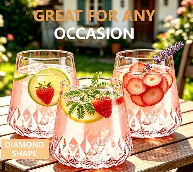 Lueumxc 40 Pack Pink Plastic Wine Glasses, 14Oz Rhombus Disposable Wine Glasses Unbreakable Clear Plastic Cocktail Glasses Recyclable Shatterproof Reusable Wine Cups