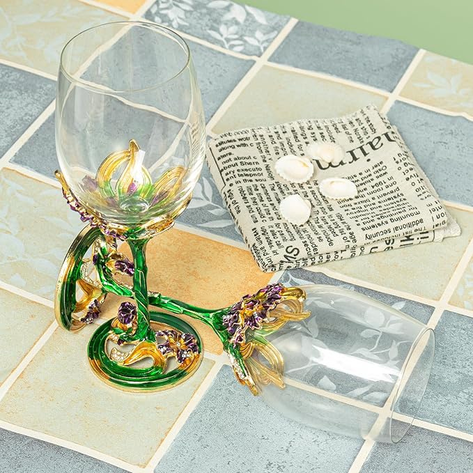 Comeon Wine Glasses Crystal Red Wine Glasses Elegant Champagne Glasses Enamels Floral Decorative Goblets(Green /2 set(gift box))