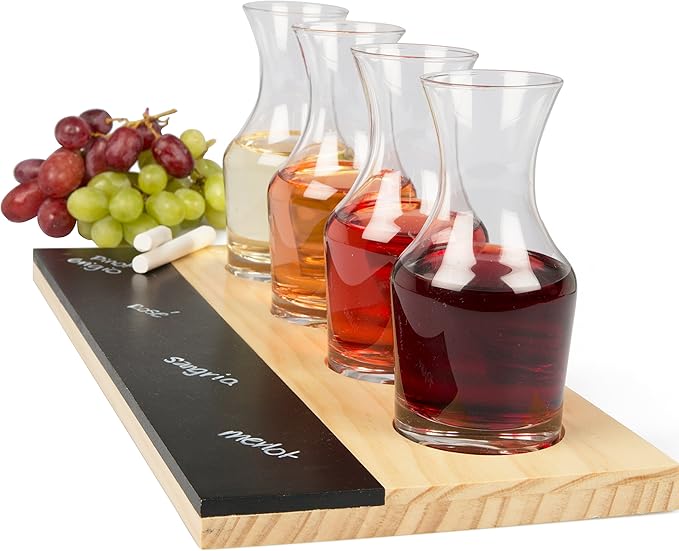 Deco Wine Tasting Flight Sampler Board - Set Includes Four 6 oz Decanter Glasses & Wood Paddle Chalkboard - Great for Charcuterie Boards, Wine Taste Testing, Date Nights - Mothers Day Gifts for Mom