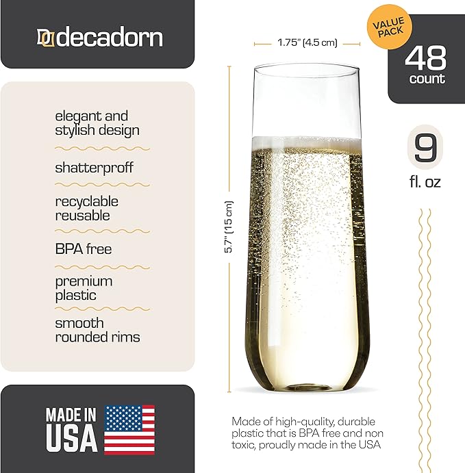 DECADORN Clear Stemless Champagne Flutes Plastic 48 Pack, Made in USA, 9oz Plastic Champagne Glasses - Durable and Sturdy Mimosa Glasses For Parties - Shatterproof, Recyclable, BPA-Free, Smooth Rims