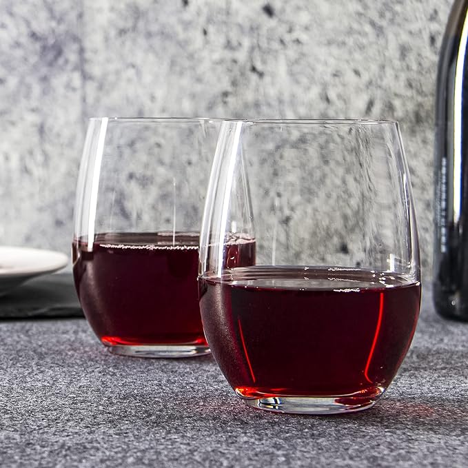 FAWLES Stemless Wine Glasses Set of 12, 15 Ounce Smooth Rim Standard Wine Glass Tumbler for Red, White Wine, Dishwasher Safe
