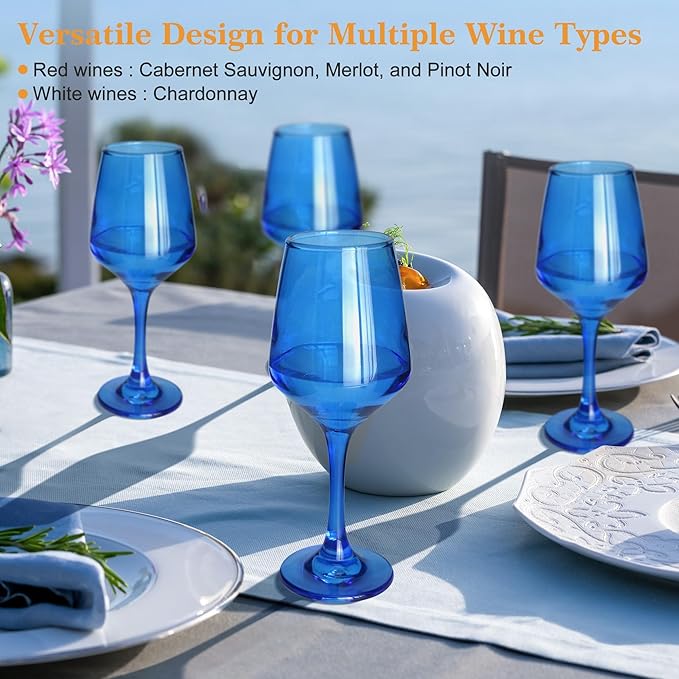 Blue Wine Glasses Set of 6, 14oz Stemmed Glasses, Thick & Colored, Dishwasher Safe Stemware for Red or White, Gift for Party, Holiday, Anniversary, Restaurant, Home Bar, Daily Use