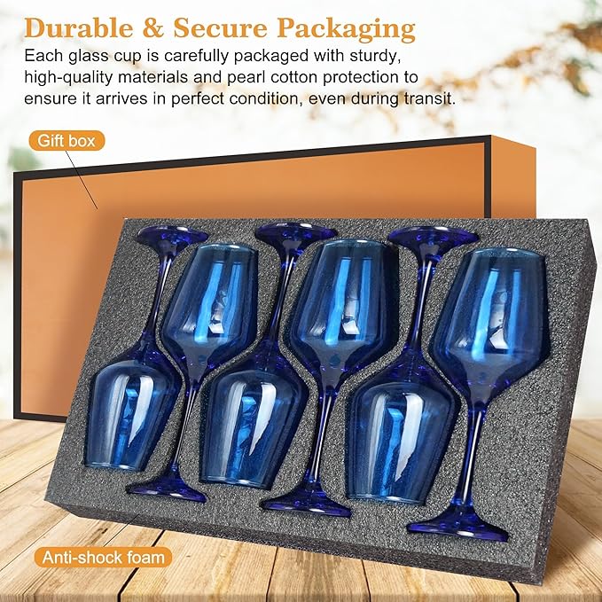 Blue Wine Glasses Set of 6, 12oz Stemmed Glasses, Thick & Colored, Dishwasher Safe Stemware for Red or White, Gift for Party, Holiday, Anniversary, Restaurant, Home Bar, Daily Use