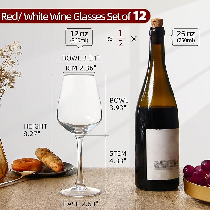 Wine Glasses Set of 12, 12oz Clear Red/White Wine Cup, Long Stem Wine Glasses for Party, Wedding and Home
