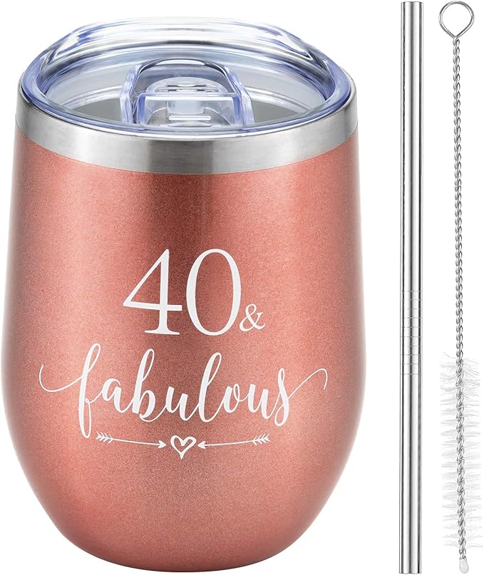 Crisky Rose Gold 40 & Fabulous Wine Tumbler for Women 40th Birthday Gifts for Women, Wife, Mom, Sister, Aunt, Friends, Coworker Her, Vacuum Insulated Coffee Cup,12oz with Box, Lid, Straw