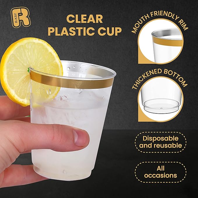 R-kay Gold Plastic Cups, Heavy Duty 10 OZ Disposable cups, Plastic Cocktail Glasses For Party, 50 Pack Disposable Cocktail Glasses (50, Gold)