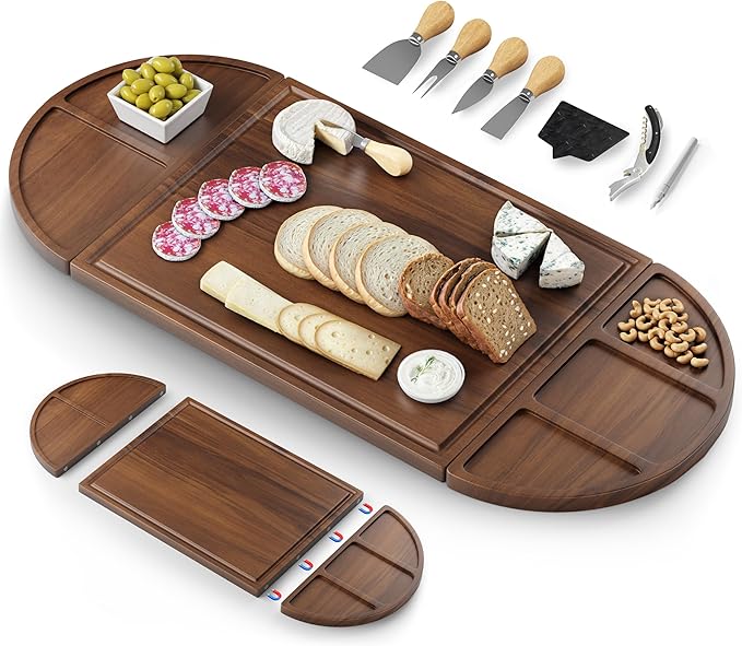 Extra Large Charcuterie Boards, 30'' x 13'' Acacia Cheese Board 3 Part Magnetic Long & Round Boards with Knive Set, Wine Opener & Cheese Marker, Unique Serving Tray for Birthday, Wedding Gift