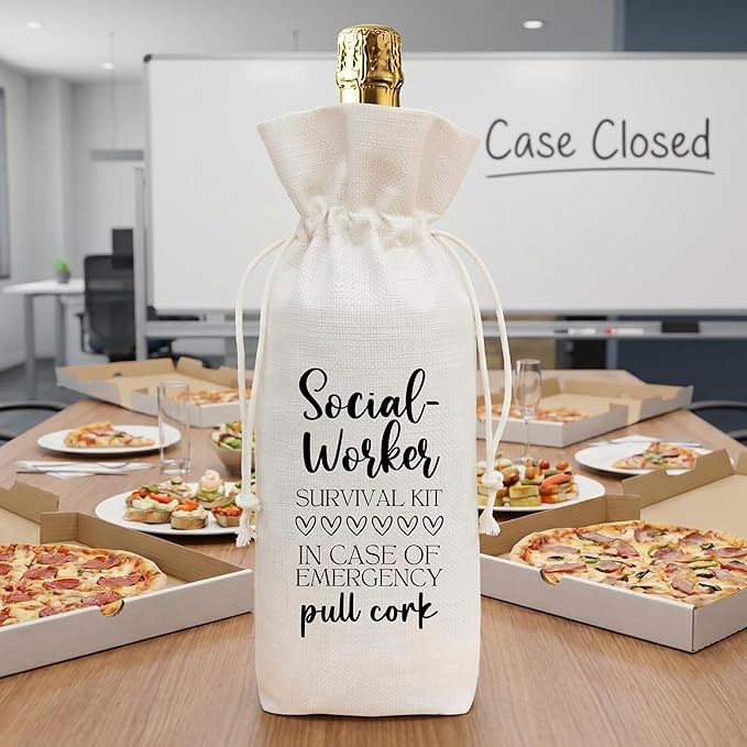Funny Social Worker Survival Kit Wine Bag, Linen Drawstring Wine Bottle Gift Bag, Reusable Wine Pouch for Social Worker Appreciation Retirement Birthday, 13 x 5.7 Inch - A10