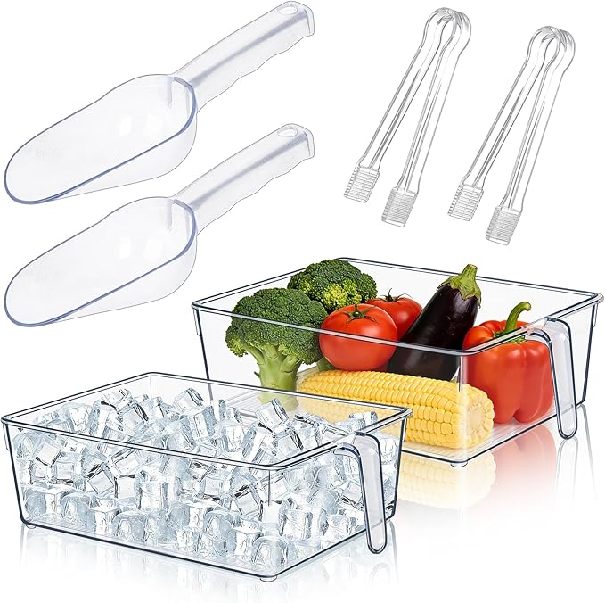 2 Pack Clear Ice Bucket for Freezer, Ice Cube Storage Bin with Flexible Handle, Ice Holder for Freezer, Scoop & Tongs Set, Fridge Container, Home Bar Organization (11.8 x 8.1 x 3.54 Inches)