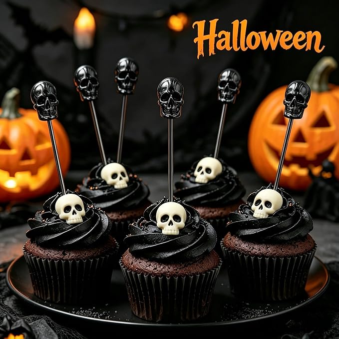 Homestia 6 Pcs Metal Cocktail Picks, 4.7 Inch Black Skull Martini Toothpicks Stainless Steel Reusable Appetizer Skewers for Halloween Party Drinks Fruit Sandwiches