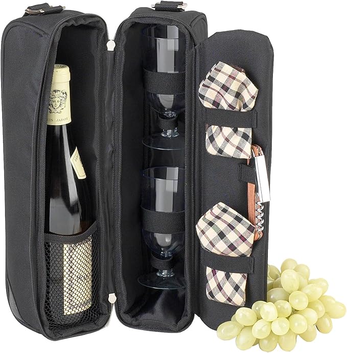 Picnic at Ascot Insulated Wine Tote with 2 Wine Glasses, Napkins and Corkscrew -Designed & Assembled in the USA