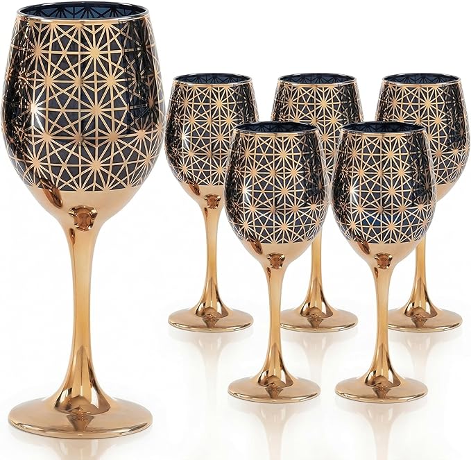 Gold Rim Wine Glasses - 12oz Red and Gold Long Stem Set for Fall, Thanksgiving, Christmas, Housewarming or Birthday Gift (Black-NoInnerCoated, Set of 6)