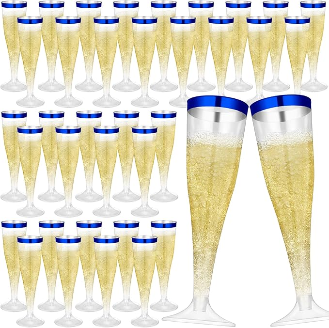 Jingmore 60 Pcs Plastic Champagne Flutes 4.5 oz Clear Disposable Wine Glasses Cocktail Cup Champagne Glass for Wedding Graduation Summer Party Favor Mimosa Bar Supplies (Blue)