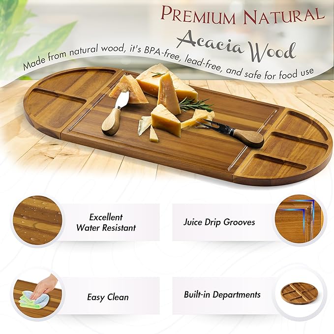 Extra Large Charcuterie Boards, 30'' x 13'' Acacia Cheese Board 3 Part Magnetic Long & Round Boards with Knive Set, Wine Opener & Cheese Marker, Unique Serving Tray for Birthday, Wedding Gift