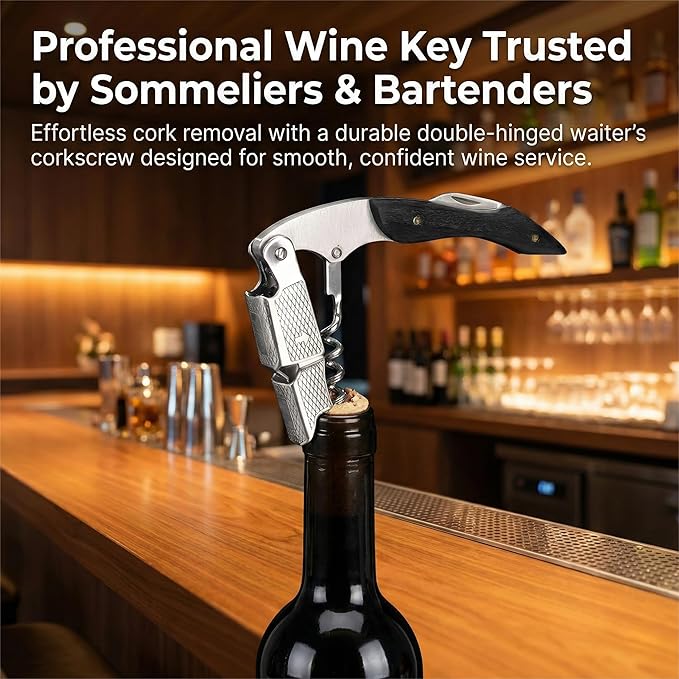 Wine Opener & Corkscrew (2 Pack), Professional Double Hinged Wine Bottle Opener with Foil Cutter & Wood Handle, Waiter's Corkscrew Wine Key for Bartender & Server, Vegan Leather Pouch Gift Set