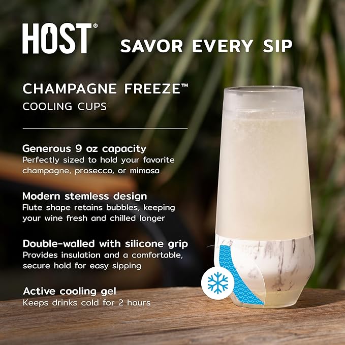 Host Freeze Champagne Flutes, Shatterproof Freezable Double Walled Stemless Sparkling Wine Glasses Drinking Set, Plastic Flutes for Mimosas and Champagne, Gifts for Wine Lovers, 9oz, Set of 4, Glitter
