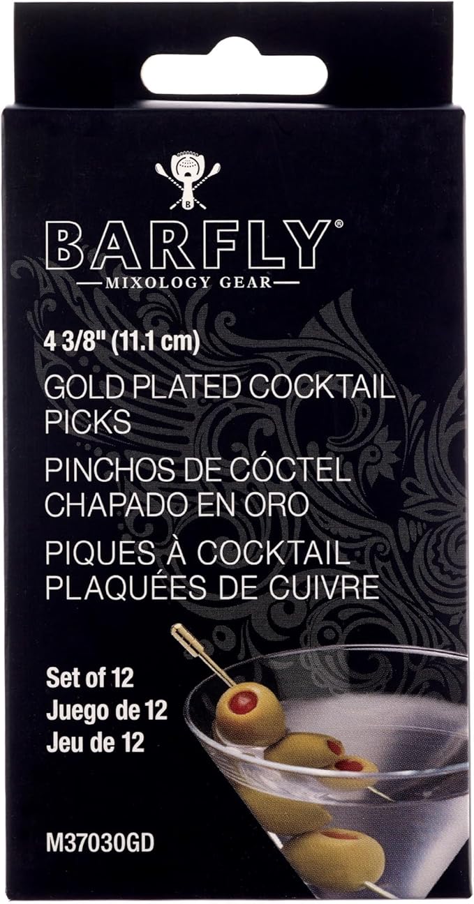 Barfly Cocktail Picks, Grooved, Gold Plated, Set 12, 4.5"