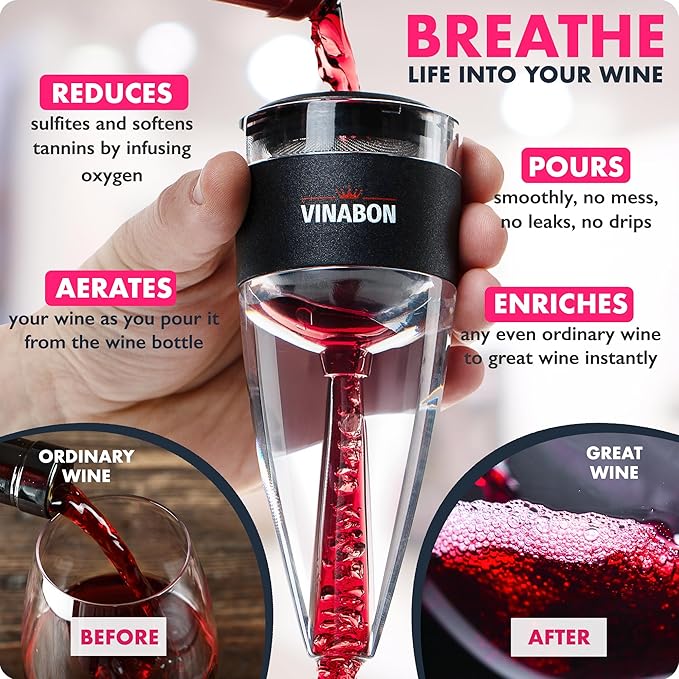 VINABON Red Wine Air Aerator – Updated 2026 Professional-Quality Multi-Stage Wine Decanter with Aerator – Improves Wine Flavor, Filters Impurities, Prevents Drips and Spills. Includes WineGuide Ebook