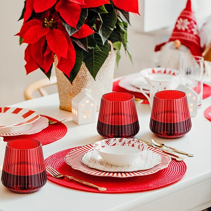24 Pack Red Plastic Wine Cups for Party, 14oz Disposable Stemless Ribbed Wine Glasses for Christmas, Unbreakable Outdoor Cocktail Glasses, Heavy Duty Reusable Plastic Drinking Cup for Mimosa Bar