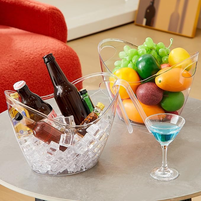 6 Pcs Serving Candy Bowls and 2 Pcs Ice Bucket with 2 Tongs for Parties, 4L Plastic Champagne Cooler Bucket, 7oz Clear Acrylic Candy Bowl Containers for Buffet Birthday Banquet Family Party