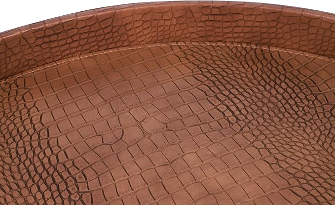 HofferRuffer Large Round Serving Tray 24'', Elegant Faux Leather Circle Ottoman Table Tray, Serve Tea Coffee Breakfast in Bedroom Living Room Kitchen (Antique Brown, 24'')