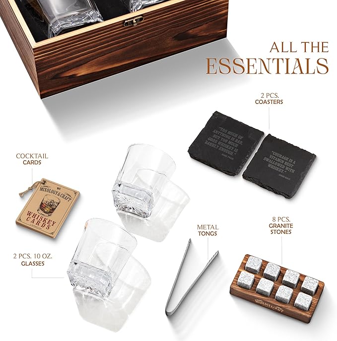 Mixology & Craft Whiskey Stones Gift Set – Includes Two 10oz Crystal Whiskey Glasses, 8 Granite Chilling Rocks, Slate Coasters, Metal Tongs, Cocktail Recipe Cards, Elegant Wooden Storage Box