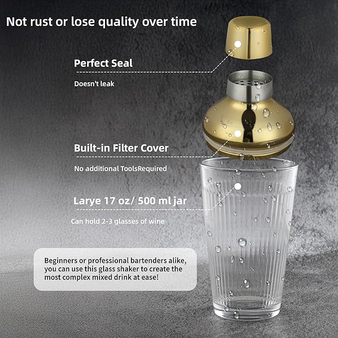 Glass Cocktail Shaker, 17oz Leak-Proof Martini Shaker with Built-in Strainer, Thick Ribbed Drink Shaker Bar Tool for Home Bartending and Aesthetics, Gold
