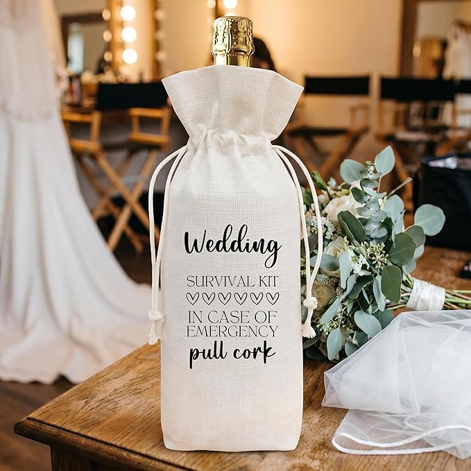 Wedding Gift Wine Bag for Bride Groom, Funny Survival Kit Linen Drawstring Wine Bottle Cover, Reusable Wine Pouch for Bridal Shower Engagement Wedding Anniversary Gift - A09