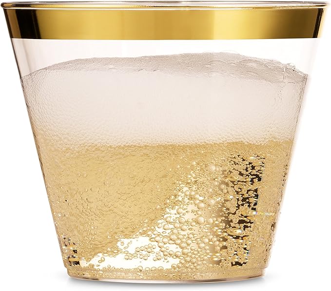Munfix 100 9 Oz Clear Plastic Cups, Old Fashioned Tumblers, Fancy Disposable Wedding Cups, Elegant Party Cups with Gold Rim