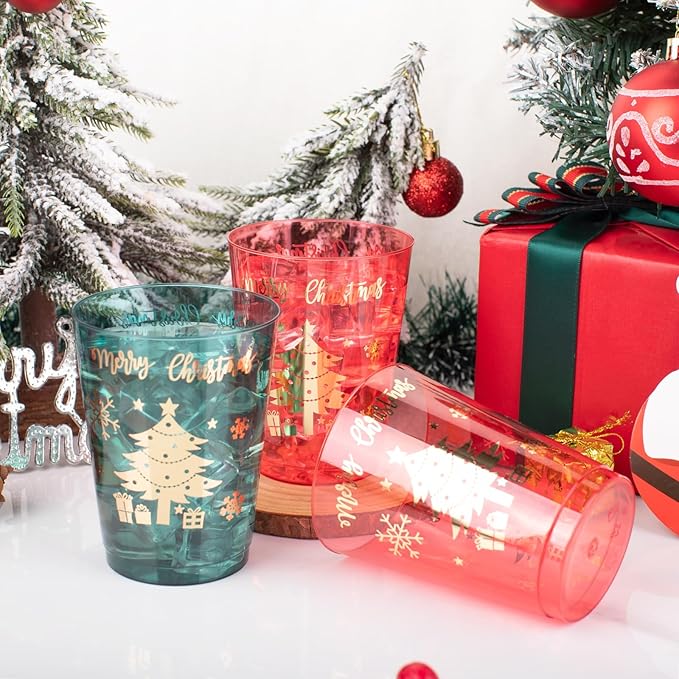 DaYammi 60 Pack Gold Christmas Plastic Cups Disposable, 10 Oz Clear Red Plastic Cups and Green Cups,30 Red Gold Tree Tumblers, 30 Hard Green Cup Bulk for Christmas Party