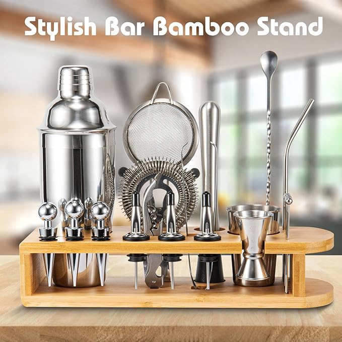 Semderm Cocktail Shaker Set, 26-Piece Premium Mixology Bartender Kit - 18/8 Stainless Steel Bar Set with Bamboo Stand - Includes Mixing Tin, Hawthorne & Mesh Strainer - Professional Gift for Men