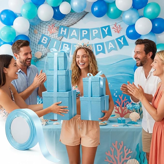 Cholemy 5 Pcs Square Nesting Boxes Decorative Gift Boxes with Lid and Ribbon Assorted Sizes Wrap for Wedding, Carnival, Anniversary, Birthday, Bridal Shower Party Gifts(Light Blue)