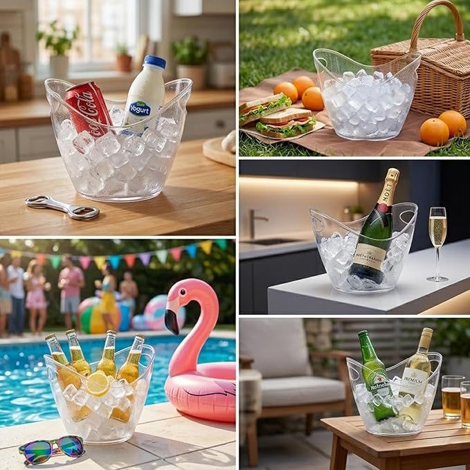 2 Pack 4L Clear Ice Bucket for Parties, Plastic Beverage Tub for Champagne Beer Wine, Mimosa Bar Supplies Drink Bucket for Cocktails & Events