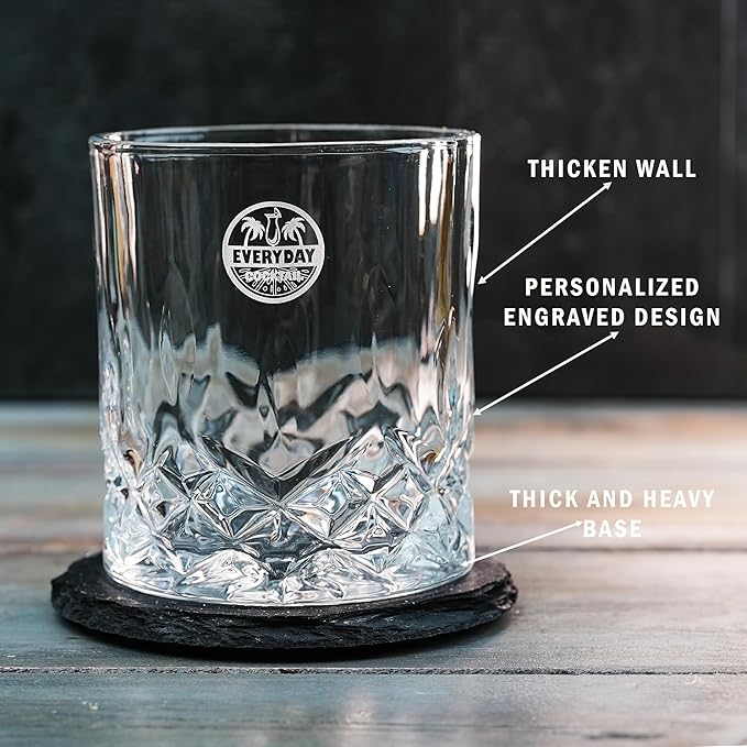 EVERYDAY COCKTAIL Old Fashioned Whiskey Glasses with Luxury Wooden Box - 10 Oz Rocks Barware for Scotch, Bourbon, Liquor, and Cocktail Drinks - Set of 2 Glasses -Chilling Stones -Slate Coasters