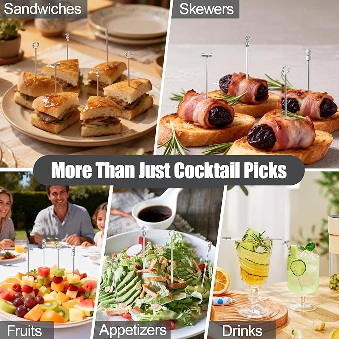 12PCS Metal Cocktail Picks for Drinks, Reusable Stainless Steel Martini Picks with Storage Bag, Dishwasher Safe Fancy Toothpicks for Appetizers & Olives, Bloody Mary Bar Supplies, Cocktail Skewers