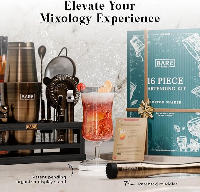 BARE BARREL® Mixology Bartender Kit Bar Set | 16-Piece Cocktail Shaker Set | Martini Barware Mixing Tools for Home Bartending | Incl. 35 Recipe Cards | Gift Set (28oz Boston Shaker, Brass/Black)
