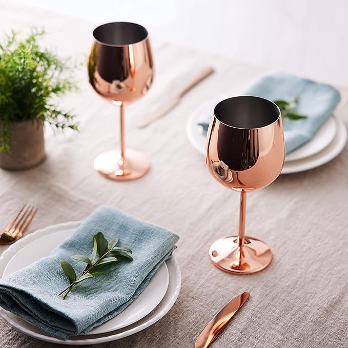 Oak & Steel - 2 Rose Gold Stainless Steel Wine Glasses (18 Oz) Unbreakable Metal Wine Glasses, Wine Goblets with Gift Box for House Warming, Valentines, Anniversary