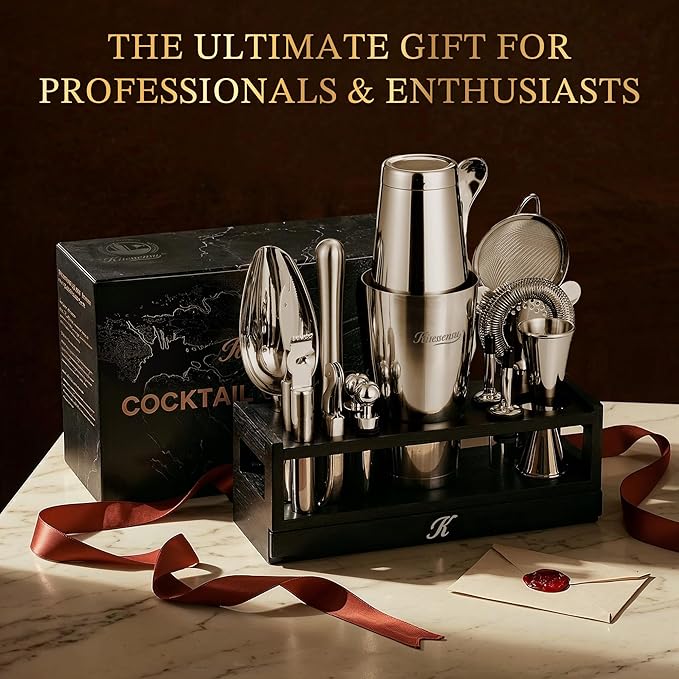 KITESSENSU 25-PC Professional Boston Shaker Set Bartender Kit, Mixology & Cocktail Bar Set with Bamboo Drawer Stand, 18oz & 28oz Ultimate Martini Shaker Gift for Home Bar