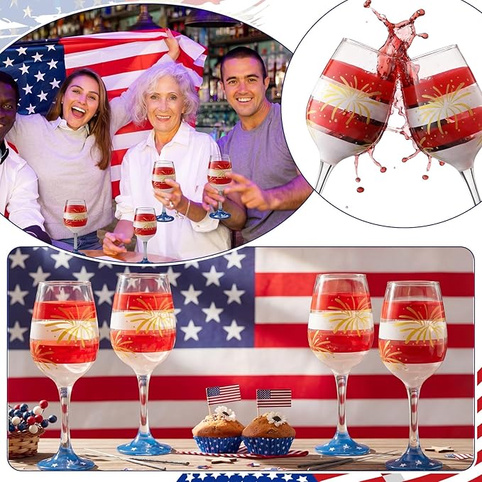 SiliFine 4 Pcs 4th of July Patriotic Party Stemmed Wine Glasses Hand Painted American Flag Stripes Fireworks Drinking Cup Wine Glasses Gifts for Independence Day Theme Holiday Party Supplies